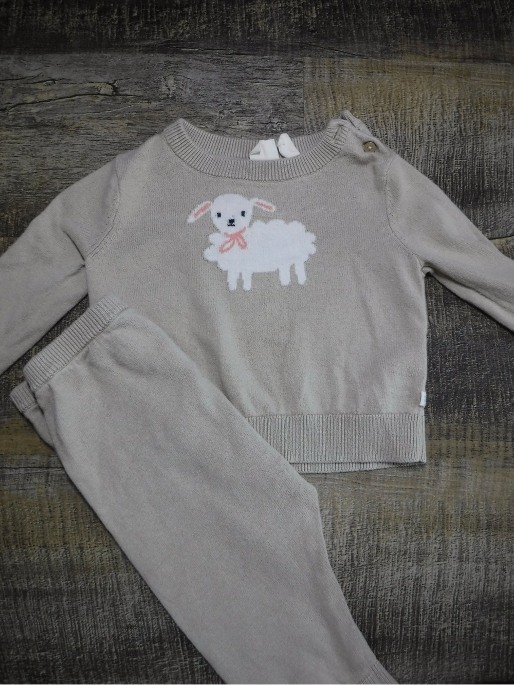 GAP Beige Knit Pajama Set with White Lamb Motif